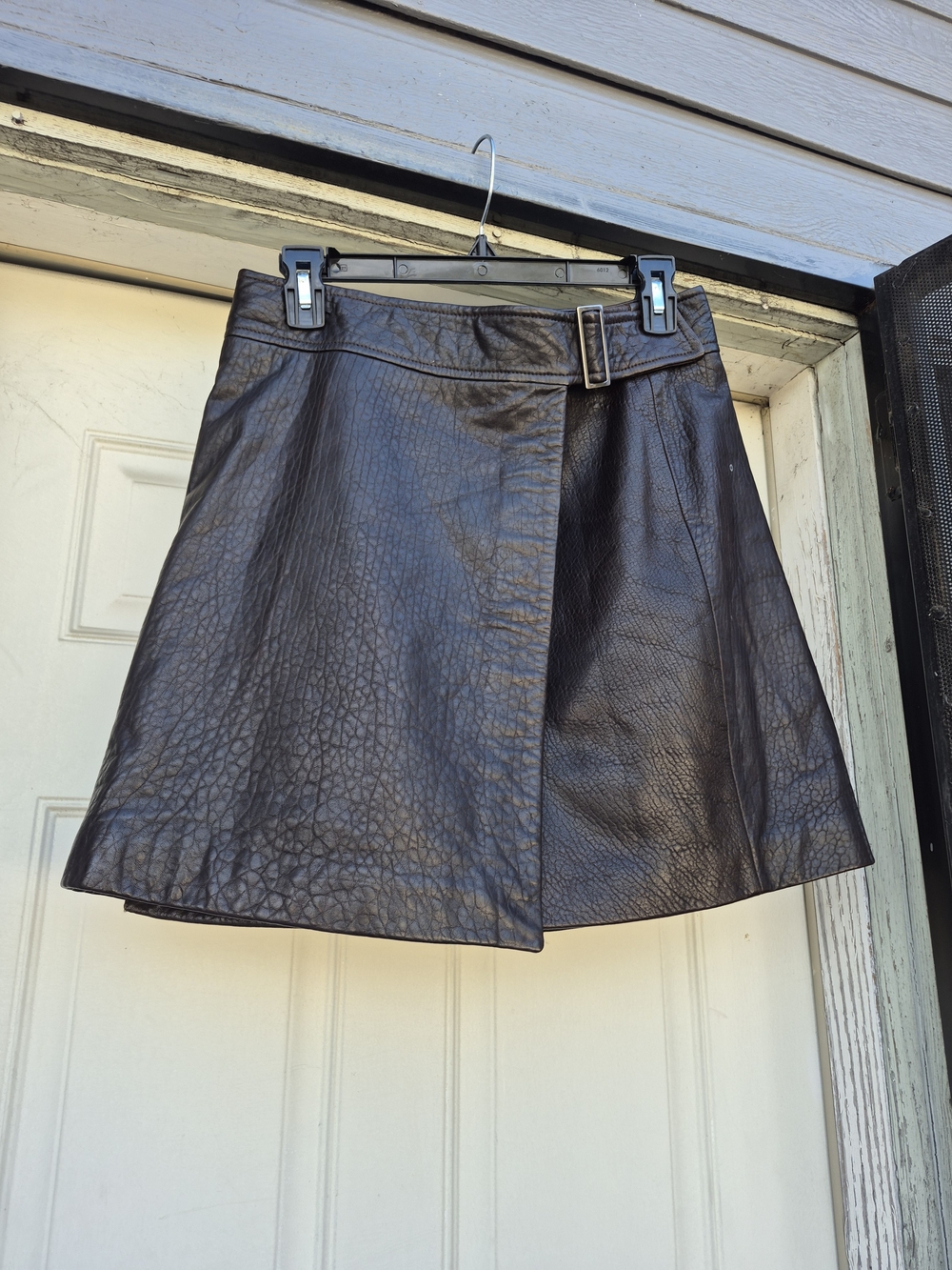 Faux Leather Brown A-Line Wrap Skirt with Buckle